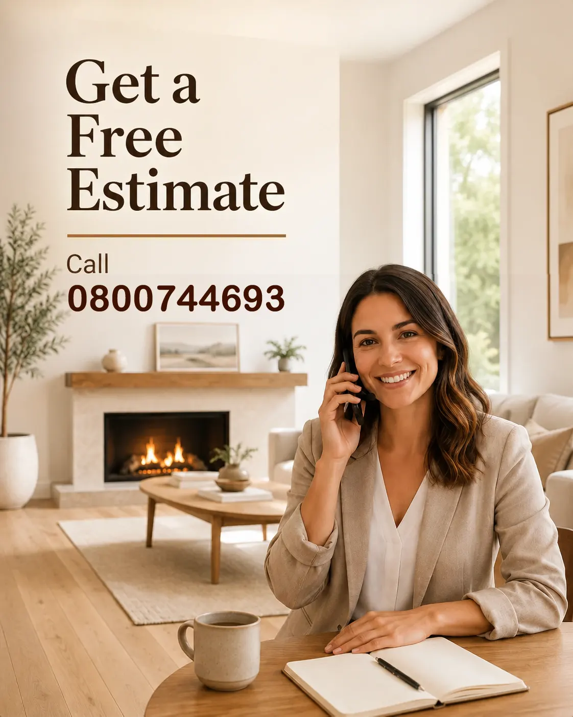 Get a Free Estimate. Call 0800744693. A customer service representative in a bright living room with light hardwood floors and a fireplace.